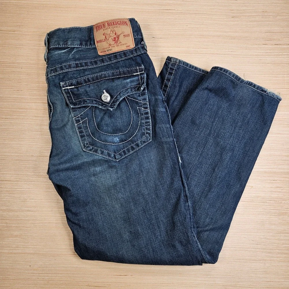 True Religion Ricky Jeans Mens 36x32 Blue Straight Leg Big T Stitch Made In USA